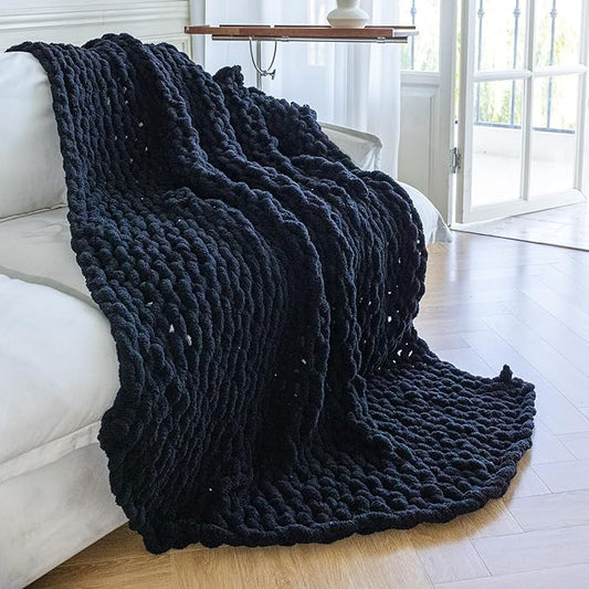 Chunky Knit Blanket - Luxury Soft Cozy 60 * 80 Throw Blanket,100% Woven Blanket Rope Knot Throw Blanket for Couch, Sofa, Home Decor, Gift - Machine Washable(Black)