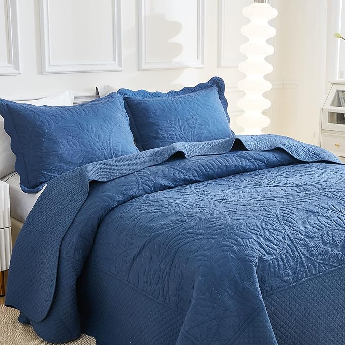 MarCielo 3-Piece 100% Cotton Oversized Bedspread Lightweight Quilt Coverlet Embroidery Farmhouse Bedding Set T0 (Midtone Blue, Oversized Queen (100"x106"))