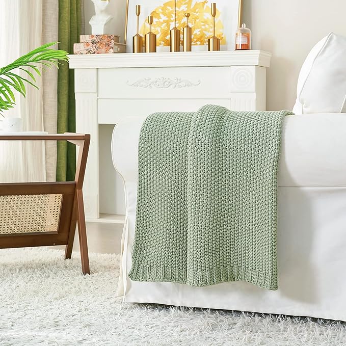 Chunky Cable Knit Throw Blanket Lightweight Light Green 100% Organic Cotton Blanket for Sofa Couch Bed Baby Nursery, Rustic Shabby Chic Modern Farmhouse, 51” x 63” Bonus Laundering Bag