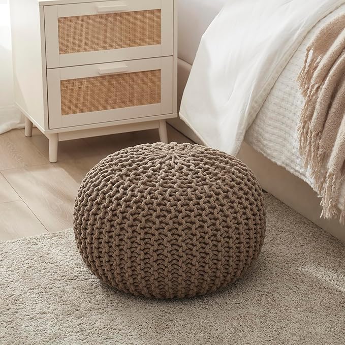 Ornavo Home Pouf Ottoman Foot Rest - 100% Cotton Pouffe - Hand Knitted Cable Braid Cord - Boho Round Stuffed Ottoman for Living Room, Bedroom - Taupe/Brown