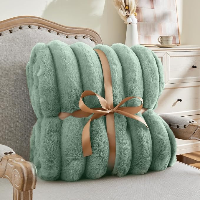 BEDELITE Faux Rabbit Fur Blanket, Luxurious 3D Striped Spring Blanket for Decor & Gift, Soft and Warm Plush Fluffy Faux Fur Throw Blanket All Seasons Suitable, (Sage Green, 50"x 60")