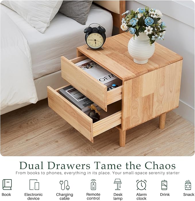 Modern Solid Wood Nightstand with Drawers - Mid Century Modern 2 Drawer Natural Wooden Small Narrow Nightstand Bedside Side End Table with Storage for Living Room Bedroom, 15.7" D x 17.1" W x 19.6" H