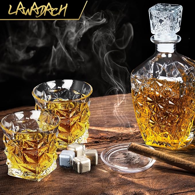 Whiskey Decanter Set,Liquor Decanter Set with 2 Glasses,Decanter set for Men,Decanter for Tequila,Bourbon,Rye,Gifts for Men,Dad,Home Bar Decor - 28oz