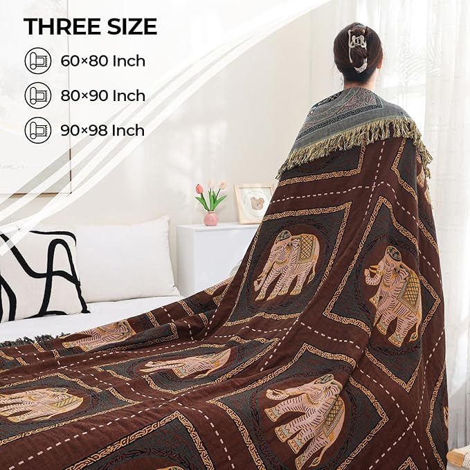 Boho Throw Blanket for Bed with Tassels,100% Cotton Ultra Soft and Cozy Large Blanket Elephant Printed Farmhouse Decor Bed Blankets,80"×90" All Season Rustic Throw for Sofa Couch Chair-Brown
