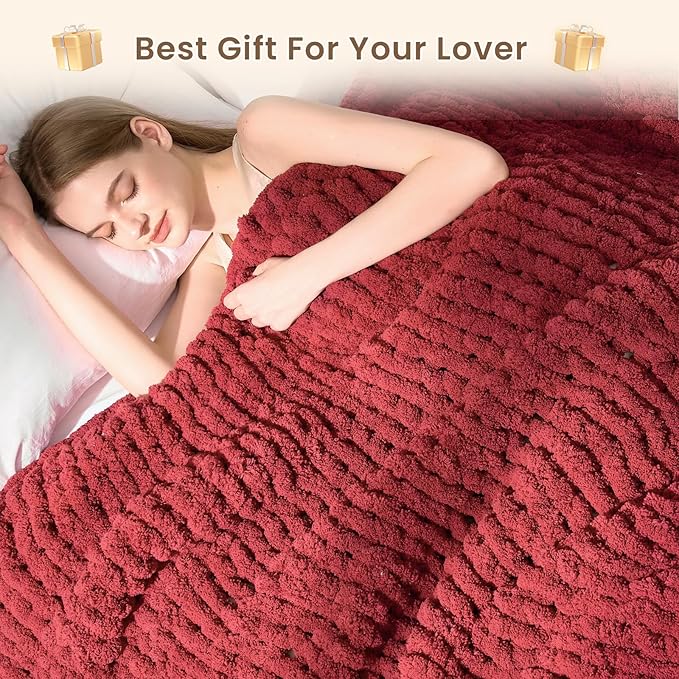 L'AGRATY Chunky Knit Blanket Throw: 60''x80'' Chenille Chunky Knitted Throw Blankets for Twin Bed Couch - Handmade Thick Cable Knit Blanket - Large Crochet Rope Blankets for Home Decor(Maroon Red)