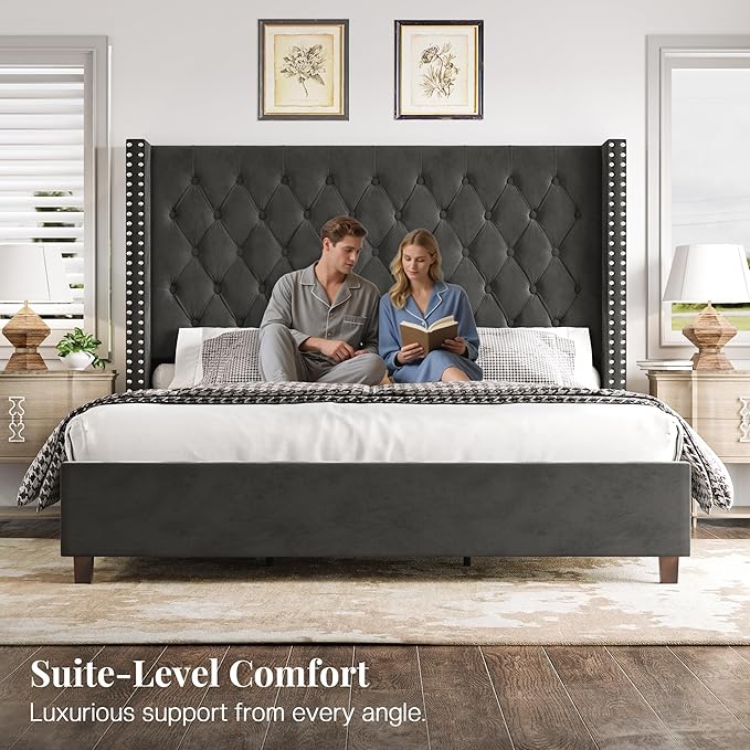 PaPaJet Queen Size Bed Frame with 61.4" Tall Headboard, Velvet Modern Upholstered Tufted Bed for Adults, Handmade Deep Button Tufting, Solid Wood Legs, No Box Spring Required, Black