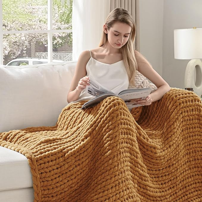 Esterra Chunky Knit Throw Blanket Newly Upgraded Heavy Tighter Version, Handmade Chenille Throw Super Soft, Thick Yarn Cable Knit Crochet Throw Blanket for Couch Bed Sofa (50"x60" Mustard Yellow)