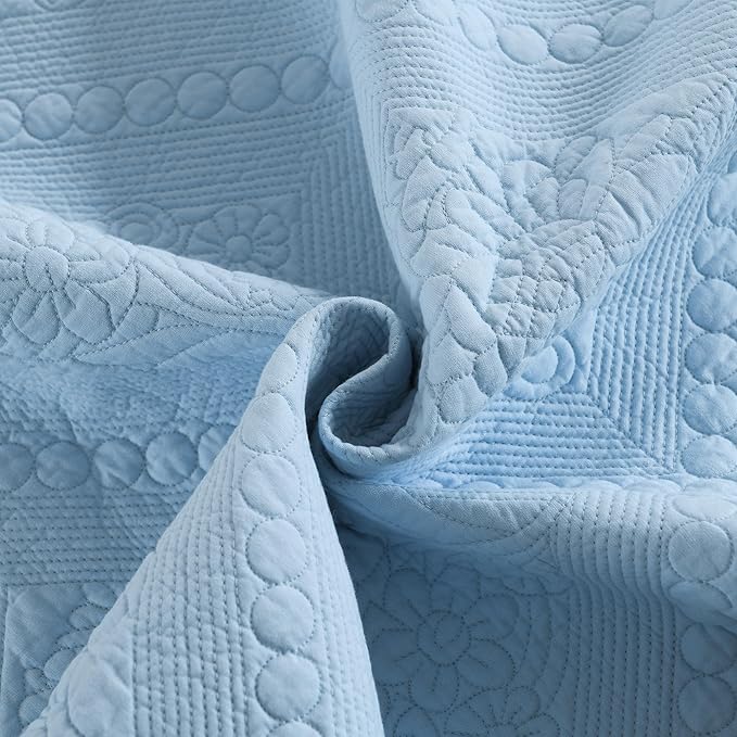 MarCielo 3-Piece 100% Cotton Oversized Bedspread Lightweight Quilt Coverlet Embroidery Farmhouse Bedding Set (TK Light Blue, Oversized King (118"x106"))