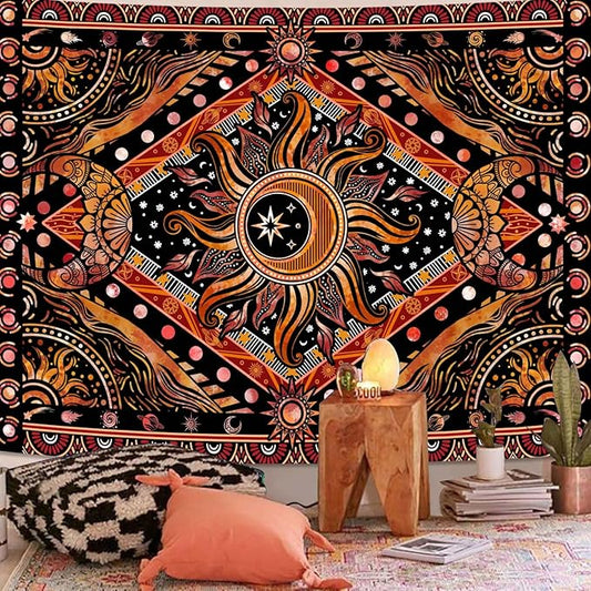 Lunerfex Hippie Sun and Moon Tapestry Bohemian Celestial Tapestries Aesthetic Tapestry for Bedroom and Living Room Decor Sun and Moon 36×48 Inches
