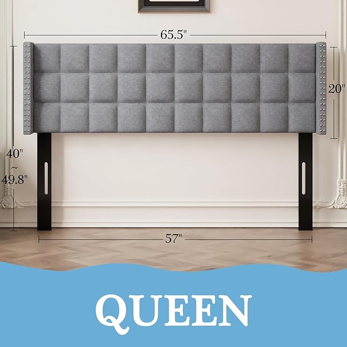 VECELO Headboard Queen Size, Linen Upholstered Headboards Only with Nailhead Trim Wingback, Square Stitched Design, Adjustable Height from 40" to 49.8", Light Grey