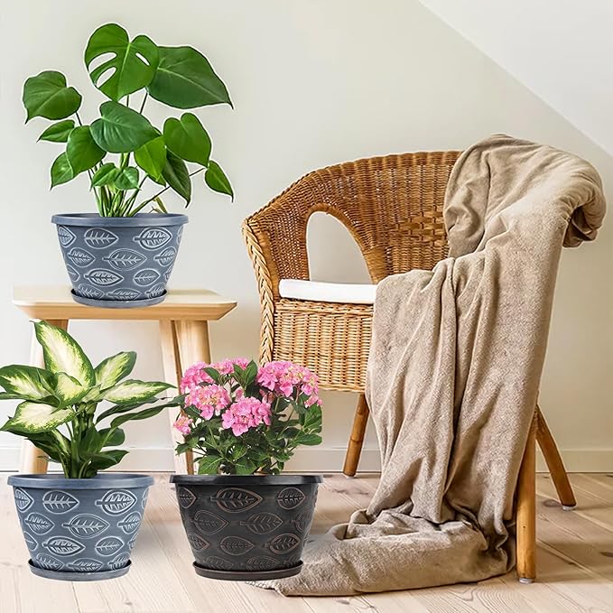 Outdoor Flower Pots for Plants Set of 3 Pack 11 Inch Planter Pot, Large Plastic Plant Pots Indoor Plants with Drainage Holes & Trays, Modern Decorative Garden Containers Sets for House(Blue)