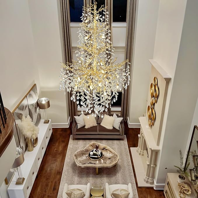 H61'' Modern Gold K9 Crystal High Ceiling Chandeliers, 23-Lights Staircase Chandeliers,Luxury Large Crystal Tree Branch Chandelier, D40'' Foyer Chandelier,For Living Room,Entryway,Dining Room