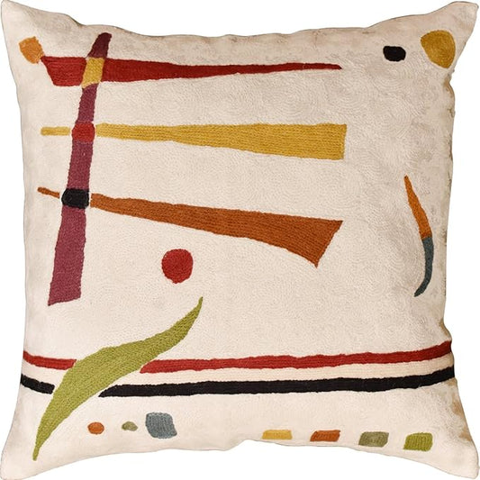 Kandinsky Contemporary Throw Pillow Cover - Cream | Modern Pillow Cases | Abstract Throw Pillows | Modern Boho Pillow | Abstract Chair Cushions | Hand Embroidered Cushion | Wool Size 18x18