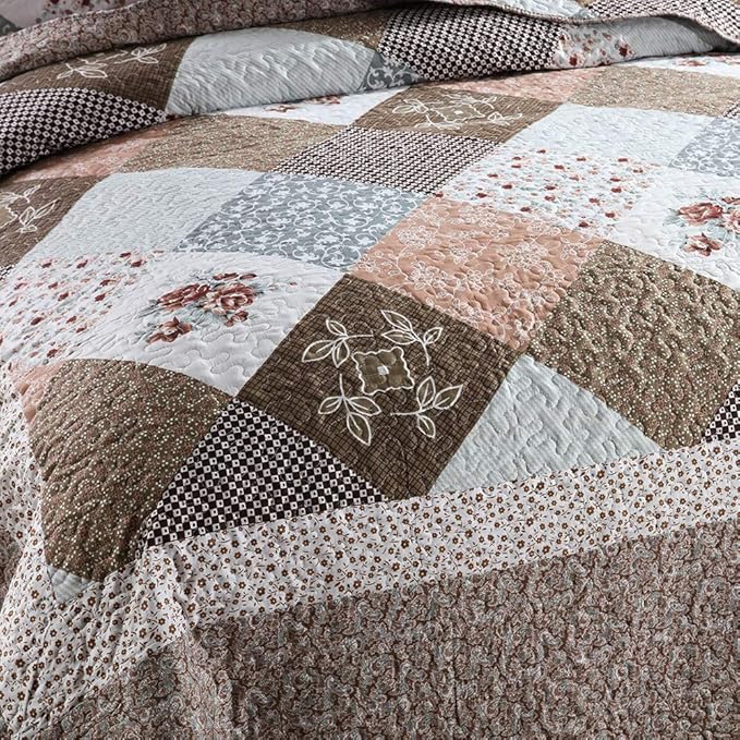 NEWLAKE Quilt Bedspread Sets-Checkered Floral Reversible Coverlet Set,Queen Size