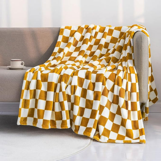 LOMAO Throw Blankets Flannel Blanket with Checkerboard Grid Pattern Soft Throw Blanket for Couch, Bed, Sofa Luxurious Warm and Cozy for All Seasons (Yellow, 50"x60")