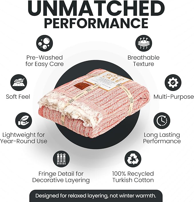 Gold Case Throw Blanket for Couch – 100% Recycled Turkish Cotton Blankets & Throws – Elegant Decorative Throw Blankets for Living Room Sofa – Woven Throws for Couch – Vintage Orange – 50x60