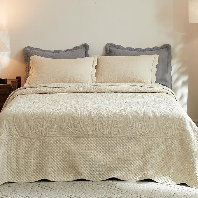 MarCielo 3-Piece 100% Cotton Oversized Bedspread Lightweight Quilt Coverlet Embroidery Farmhouse Bedding Set T0 (Yellowish Beige, Oversized Queen (100"x106"))