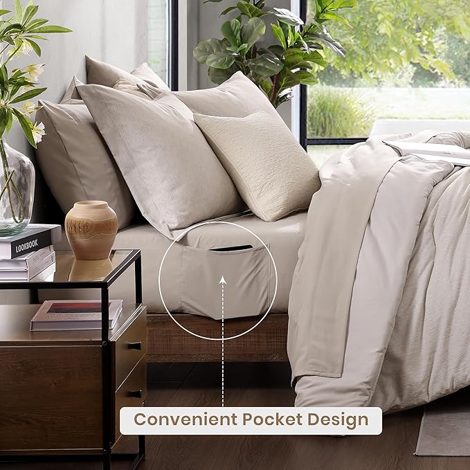 Monbix King Size Comforter Set, Oatmeal Cationic Dyeing Bed Set Reversible, King Size Comforter Set 7 Pieces Bed in a Bag with Comforter, Sheets, Pillowcases & Shams