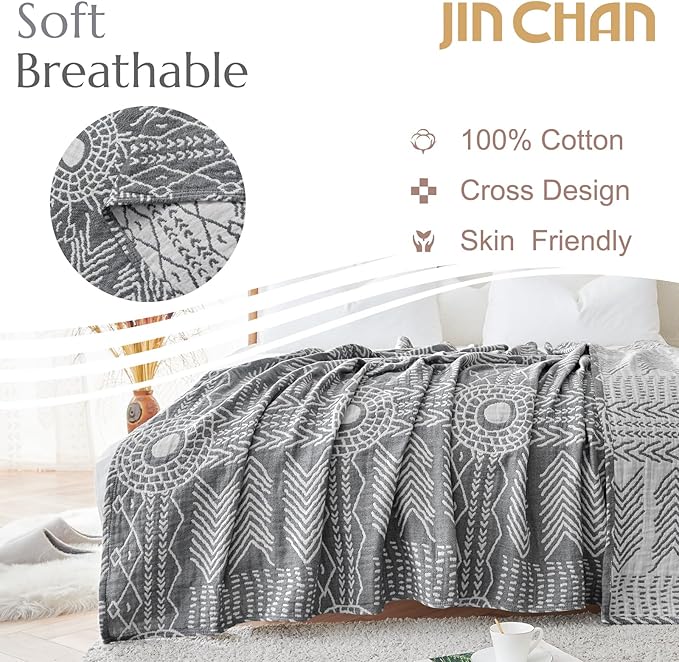 jinchan Boho 100% Cotton Muslin 50x60 Throw Blanket Lightweight 3 Layer Grey Blanket Washable Reversible Breathable Decorative Geometric Striped Patterned Gray Soft Cozy for Sofa Bed All Season Gift
