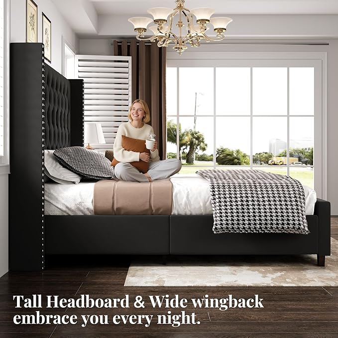 PaPaJet Queen Size Bed Frame with 61.4" Tall Headboard, Velvet Modern Upholstered Tufted Bed for Adults, Handmade Deep Button Tufting, Solid Wood Legs, No Box Spring Required, Black