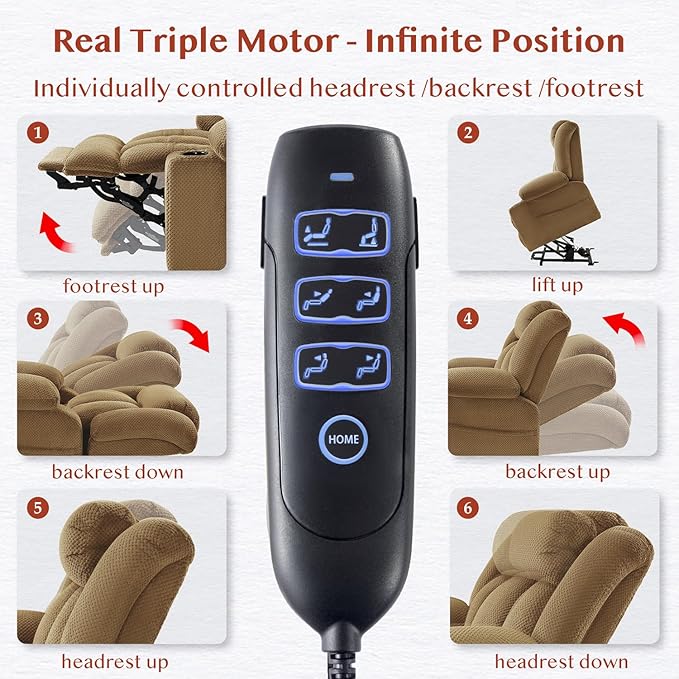 Three Motor Large-Wide Power Lift Chairs Recliners for Big and Tall Elderly, 180° Lay Flat Lift Chair, Infinite Position, Power Headrest, Heat & Vibration Massage (Plush Flannel, Camel Beige)