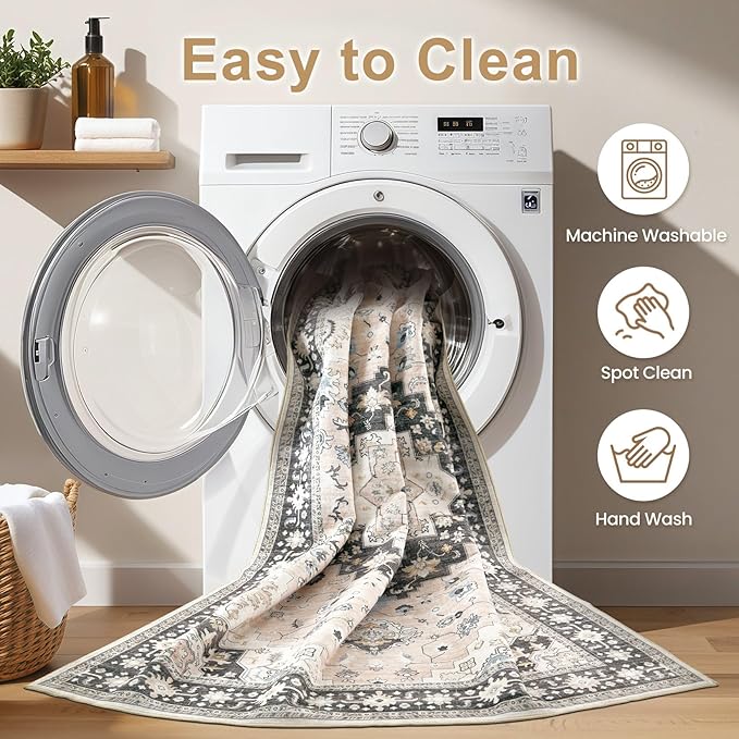 Washable Area Rugs for Living Room - 9x12 Neutral Vintage Distressed Floral Farmhouse Boho Large Soft Floor Rug Indoor Non Slip Carpet for Bedroom Dining Room Office - Pink/Dark Green