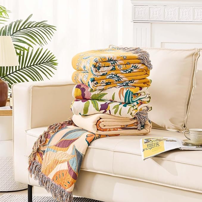 Boho Throw Blanket, 100% Cotton Ultra Soft Luxury Throw Rustic Quilt, Floral Printed Farmhouse Decor Bed Summer Blankets, All Season Rustic Reversible Bohemian Throw for Bed (80"x90" Yellow