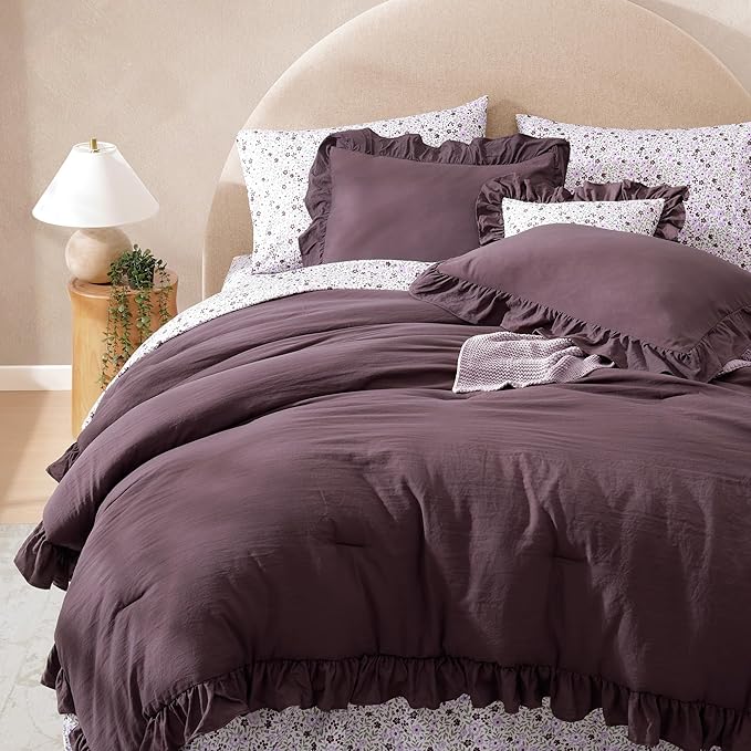 King Comforter Set - 7 Pieces Ruffle Purple Bedding Sets, Shabby Chic Farmhouse Bed in a Bag King with Ruffle Comforter, Floral Sheets, Pillowcases & Shams