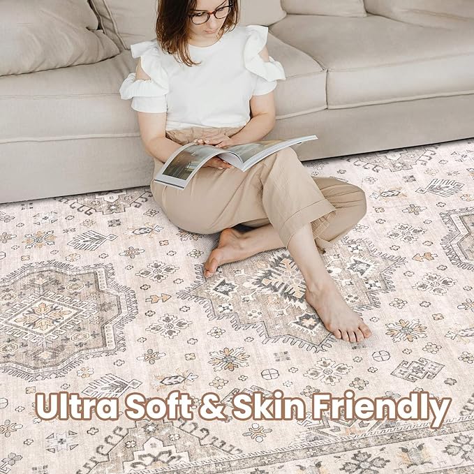 Washable Area Rugs for Living Room -10x14 Neutral Vintage Distressed Floral Farmhouse Boho Large Soft Floor Rug Indoor Non Slip Carpet for Living Room Bedroom Dining Room Office-Beige Brown