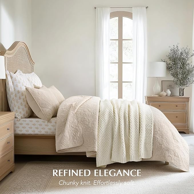 Chunky Chenille Knit Throw Blanket for Couch, Soft Luxurious Moss Stitch Blankets for Bed, Cozy Decorative Farmhouse Knitted Throws for Sofa, Ivory White, 50" x 60"