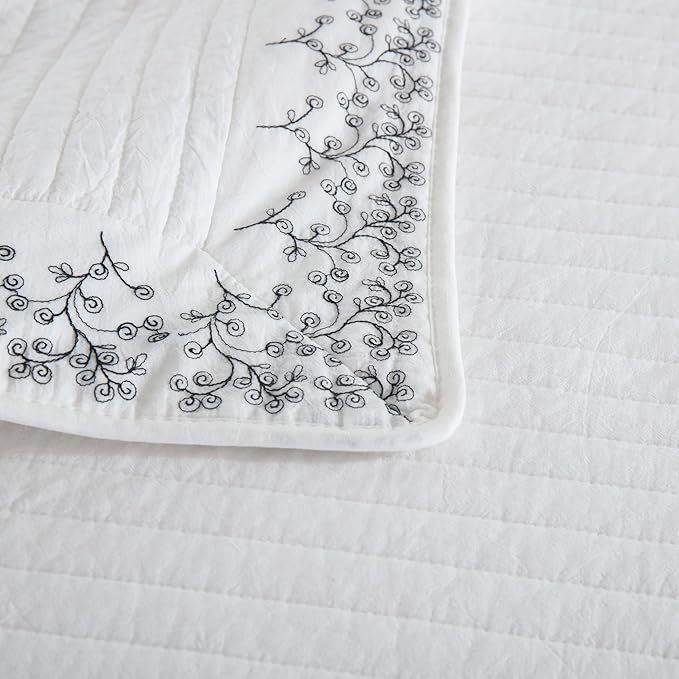 MarCielo 3-Piece 100% Cotton White Striped Quilt Set with Botanical Edge Embroidery TC(Sakura White,King(106" X 98"))