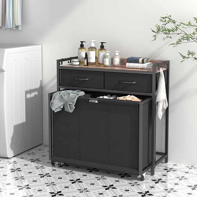 Laundry Hamper Laundry Basket with 3 Section Pull-Out Rolling Bags, Laundry Sorter for Organization and Storage with 2 Pull-Out Drawers for Laundry Room, Bathroom, Bedroom Use (Rustic Brown)
