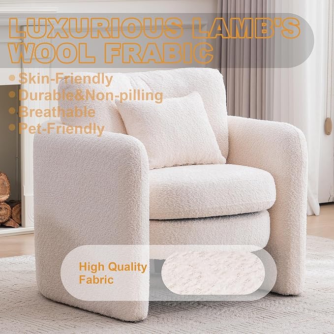 Chenille Accent Armchair Oversize Upholstered Barrel Comfy Modern Round Lounge Sofa Chair with Pillow Cozy Reading Chairs for Apartment,Office,Living Room,Dining,Makeup,Club,Beige 2SET