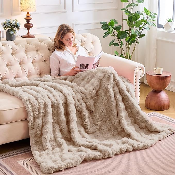 Lotus Karen Faux Fur Throw Blanket Linen - 800 GSM Bubble Rabbit Fluff Blanket for Couch Bed Sofa,Softest Fluffy Fuzzy Cozy Blanket,Thick Furry Plush Shaggy Warm Blankets for Women,60x80 Inches