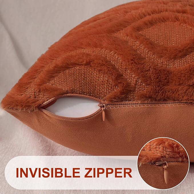 decorUhome Fall Throw Pillow Covers 16x16 Inch Set of 2, Soft Plush Decorative Faux Fur Rust Solid Couch Pillow Covers, Accent Farmhouse Neutral Square Euro Pillow Cases for Sofa Bed Living Room