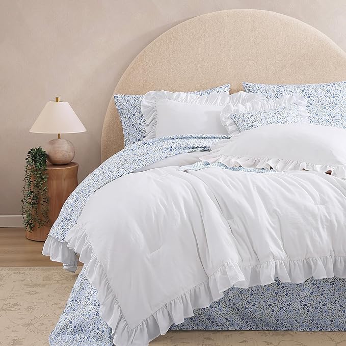 King Comforter Set - 7 Pieces Ruffle White Bedding Sets, Shabby Chic Farmhouse Bed in a Bag King with Ruffle Comforter, Floral Sheets, Pillowcases & Shams