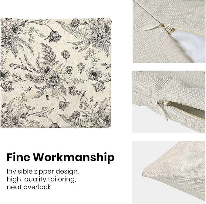 CXMEIFLY Spring Floral Leaves Pillow Covers 16 x 16 Inch Set of 2 for Chinoiserie Flowers Decor Throw Pillows Black and White Seasonal Plant Outdoor Decorative Cushion Cases for Couch Bed Decorations