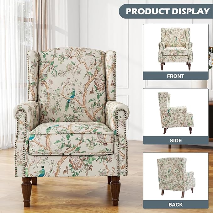 UIXE High Back Floral Accent Chair, Fabric Upholstered Armchair for Living Room, Retro Wingback Arm Chair with Solid Wood Legs, Nailhead Trim Single Sofa Bedroom Reading Seat - Bird Pattern