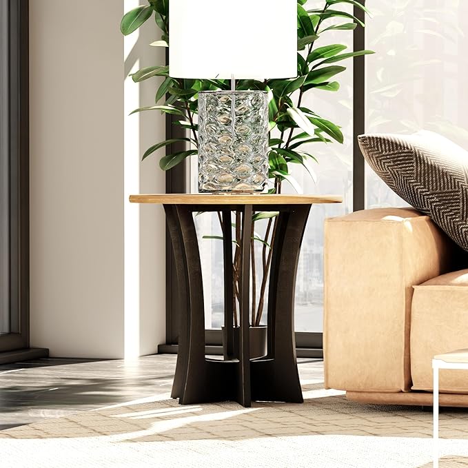 Farmhouse Round End Table X 2P with Criss-Cross Wood Legs, Rustic French Country Side Table for Dinning or Living Room, Modern, Black, Natural Wood, 23.62’’W*23.62’’D*23.22’’H