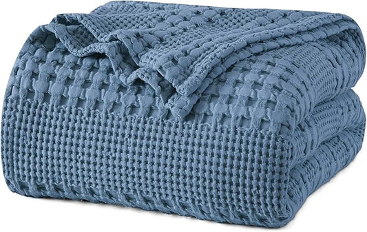PHF 100% Cotton Waffle Weave Blanket Twin Size, Soft Lightweight Breathable Cozy Summer Blankets for Bed, Luxury Aesthetic Woven Bedding for Home Decor, 66"x90", Captain's Blue