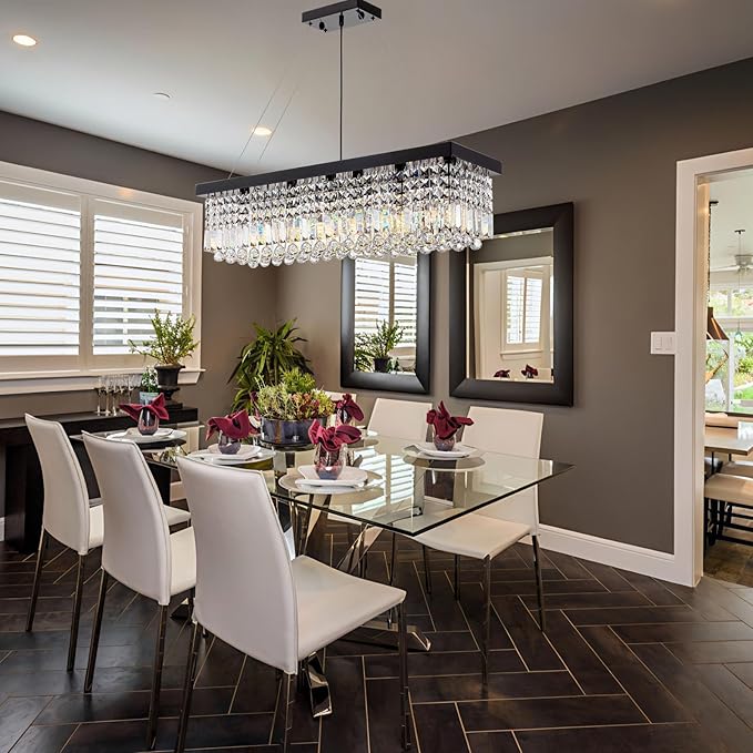 Rectangle K9 Crystal Chandelier,Rectangular Contemporary Pendant Light Fixture,Black Modern Crystal Chandeliers for Dining Room Kitchen Island L31.5''xW10''xH10''