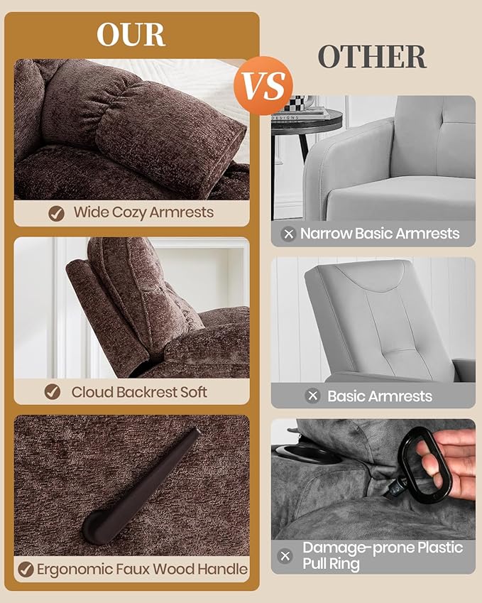 Oversized Recliner Chair Manual Swivel Rocker Recliner for Living Room Chenille Overstuffed Nursery Reclining Sofa Chair Rocking Recliners for Adults 400lbs (Manual, Brown)
