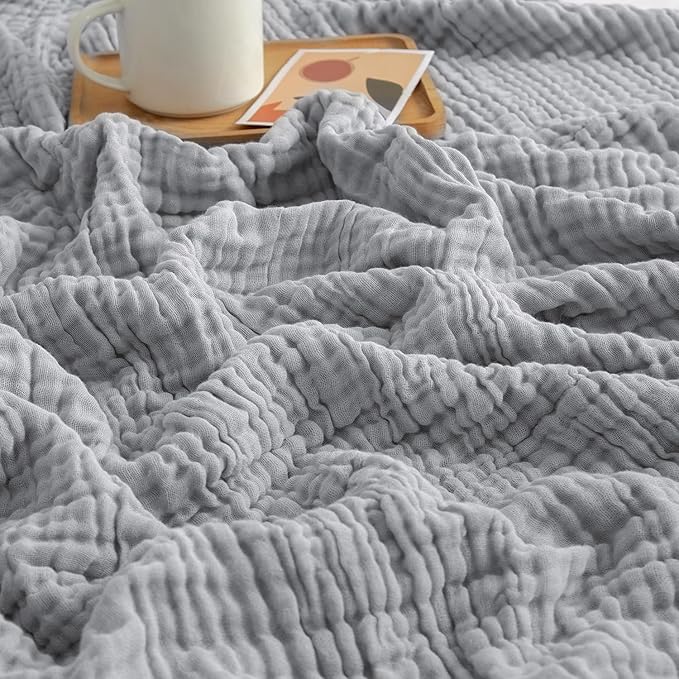 EMME Cotton Throw Blanket for Couch Soft Muslin Blankets 50"x60" Lightweight Breathable Blanket All Season Gauze Blanket, Light Grey