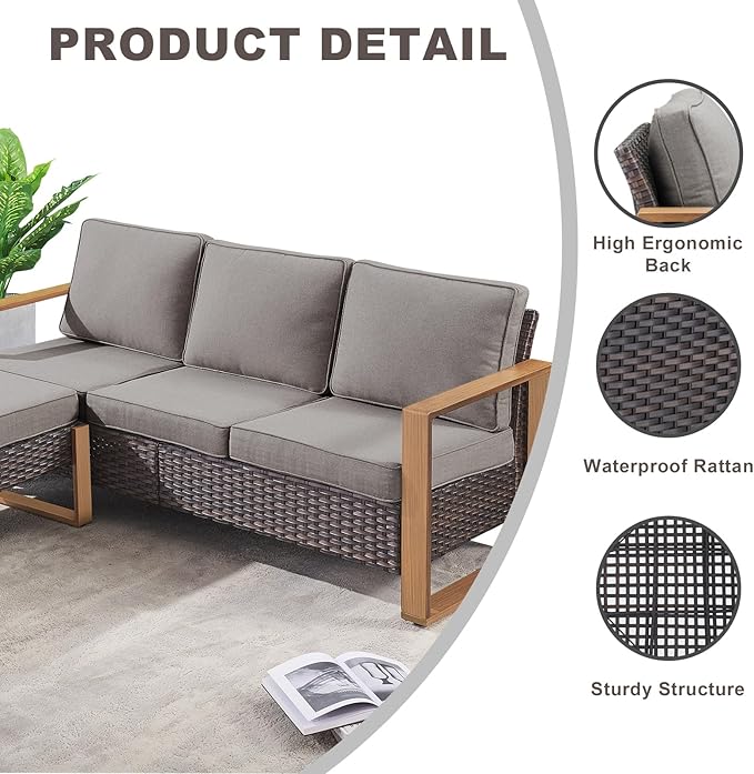 Outdoor Wicker Patio Furniture Set - 6 Piece Patio Conversation Set with 2 Wicker Swivel Rocker Chairs,2 Rattan Ottoman,1 Side Table and 1 Couch,Thick Cushions,Deep Seating(Brown/Grey)