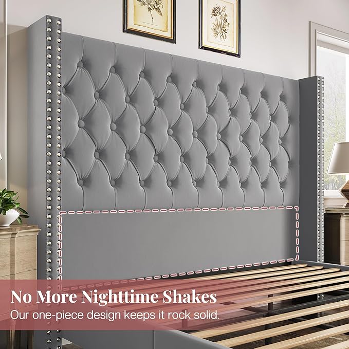 PaPaJet King Size Bed Frame with 61.4" Tall Headboard, Velvet Upholstered Platform and Handmade Deep Button Tufting, No Box Spring Required, Grey