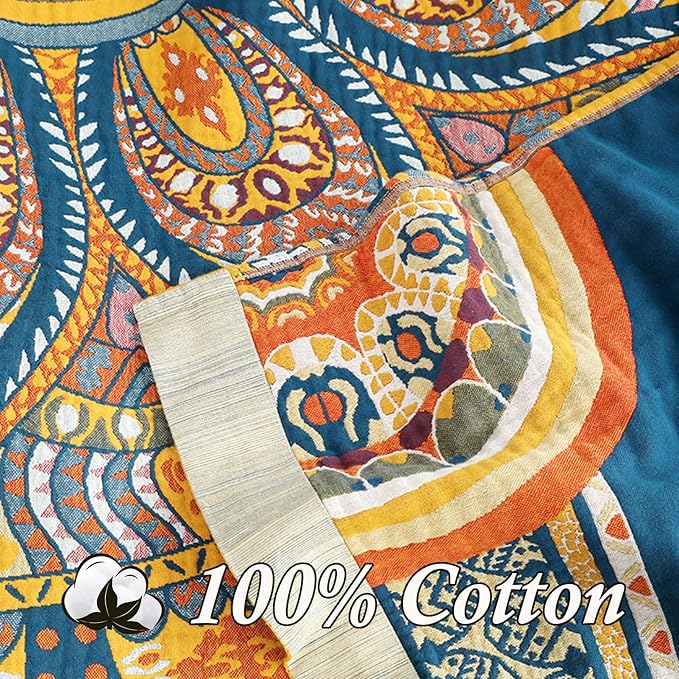 Snycler Boho 100% Cotton Throw Blanket, Decorative Muslin Boho Throw Blanket, Soft Cozy Colorful Bohemian Floral Reversible Blanket with Tassels for Chair Couch Bed Sofa Room Decor, 60x80 Inch