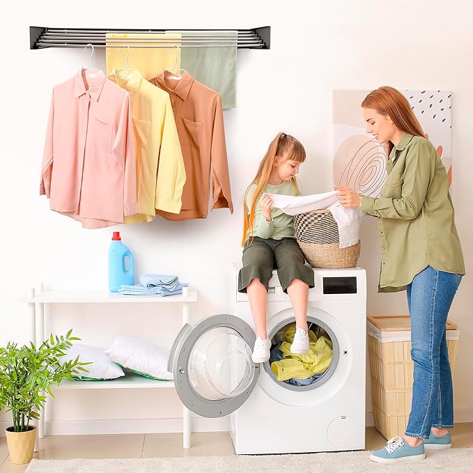 Wall Mounted Laundry Drying Rack, Retractable Clothes Drying Rack for Bathroom with Wall Template, 5 Stainless Rods Heaving 60 lb Capacity (Black, 40")
