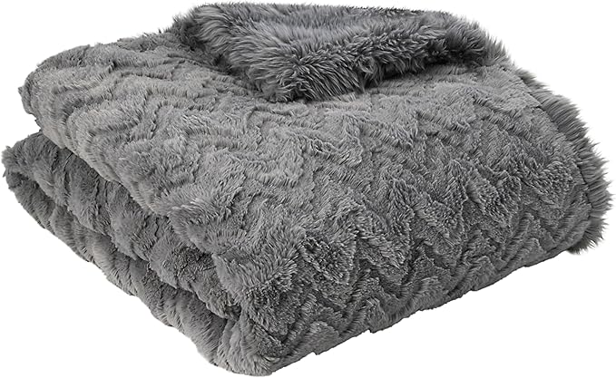 Mon Chateau Grey 3D Jacquard Faux Fur Throw, Plush Luxury Blanket for Couch, Sofa, or Bed, Soft Reversible Throw Blanket for Sleeping, Home & Room Décor, 60" x 70"