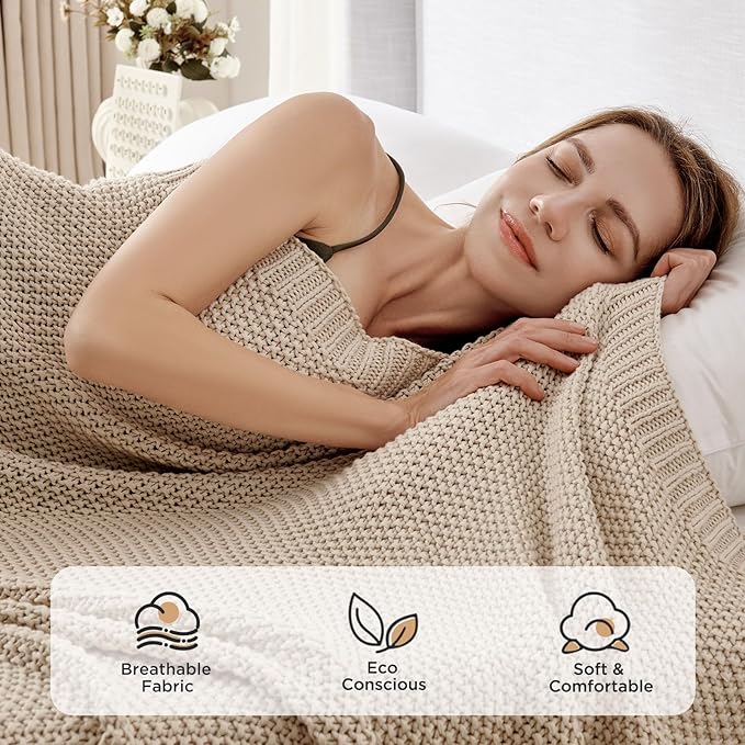 Joydeco Chunky Cable Knit Throw Blanket, Lightweight 100% Organic Cotton Soft Cozy Throw Twin Blanket for Couch Bed and Sofa, Rustic Breathable Farmhouse Blanket Gift for Women Men(Beige, 51"x63")