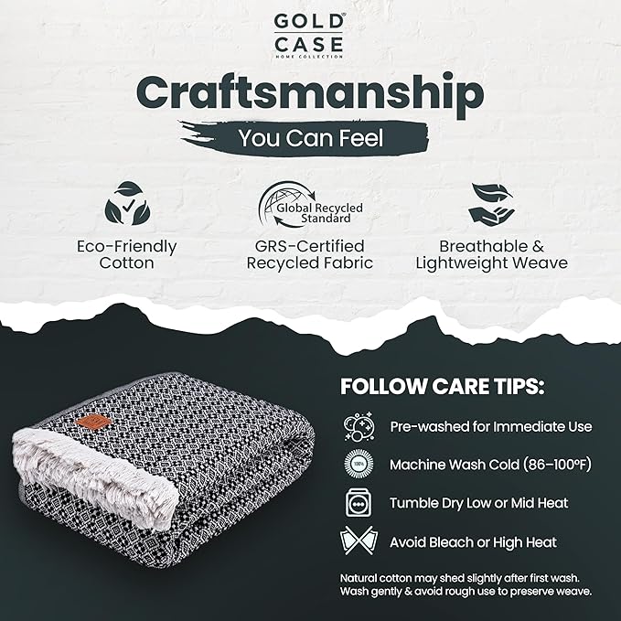 Gold Case Throw Blanket for Bed – 100% Recycled Turkish Cotton Bed Blanket – Decorative Throw Cotton Blankets for Living Room & Bedroom – Retro Black Woven Queen Blankets – 90x90